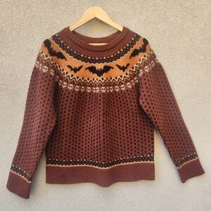 Brown Crewneck Fair Isle Sweater with Bat Motif